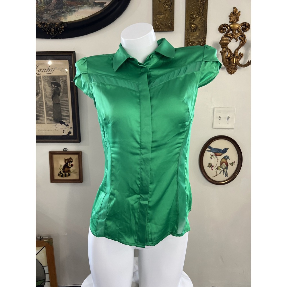 Vero Moda Vintage Y2K Emerald Green Sheer Panel Short Sleeve Button Down Shirt S